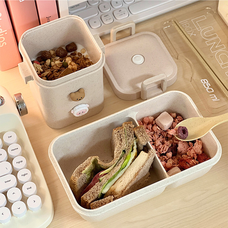 Lunch Boxes Kawaii Lunch Box For Kids School Adults Office Wheat Straw Cute Microwave Picnic Portable Big Bento Box With Spoon Chopsticks 221202