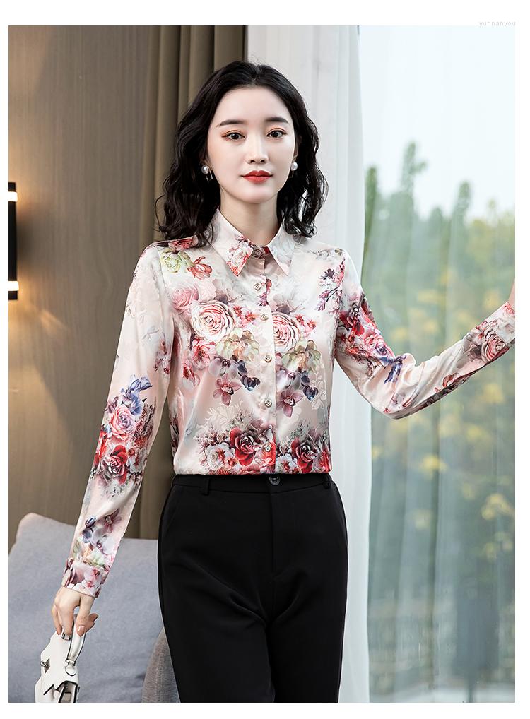 

Women's Blouses Satin Silk Shirt Female Design Sense Niche Spring 2022 Printed Temperament Is Thin Mulberry Top, Army green