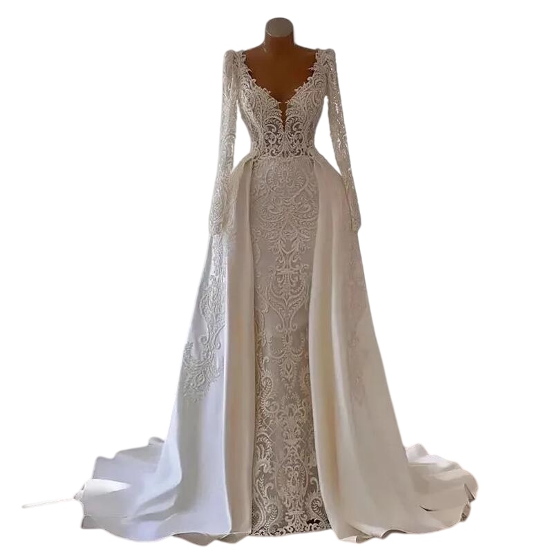 Mermaid Lace Wedding Dresses Appliqued Bridal Gowns With Detachable Train Long Sleeves V Neckline Sweep Train Vestido De Novia