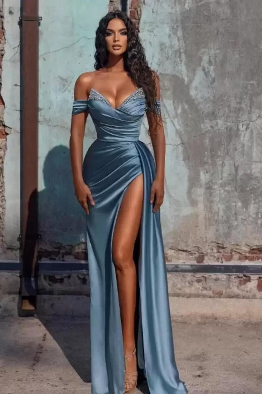 2023 Elegant Off Shoulder Prom Dresses A Line Backless Sexy Crystal Split Side High Sexy Evening Gowns BC10944 GB1202x3