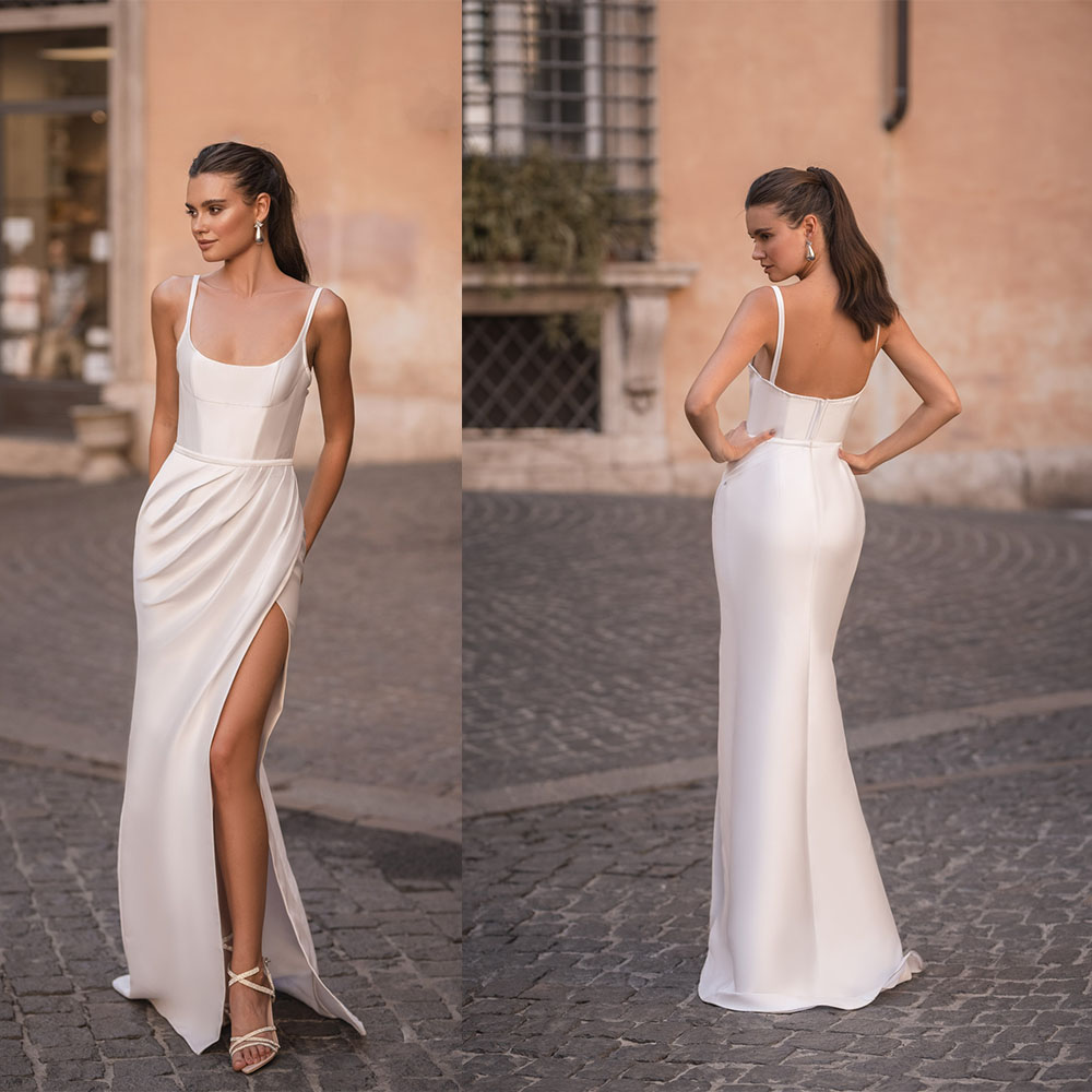 Summer Satin Mermaid Wedding Dress Elegant Spaghetti Straps Backless Bridal Gowns High Split Sweep Train vestido de casamento