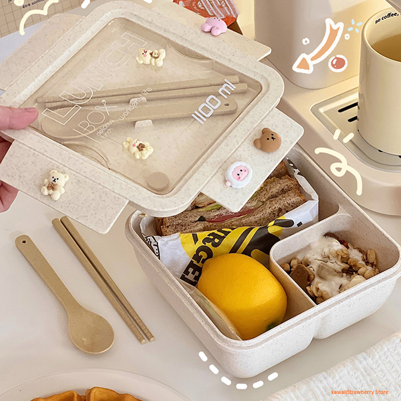 Lunch Boxes Kawaii Lunch Box For Kids School Adults Office Wheat Straw Cute Microwave Picnic Portable Big Bento Box With Spoon Chopsticks 221202