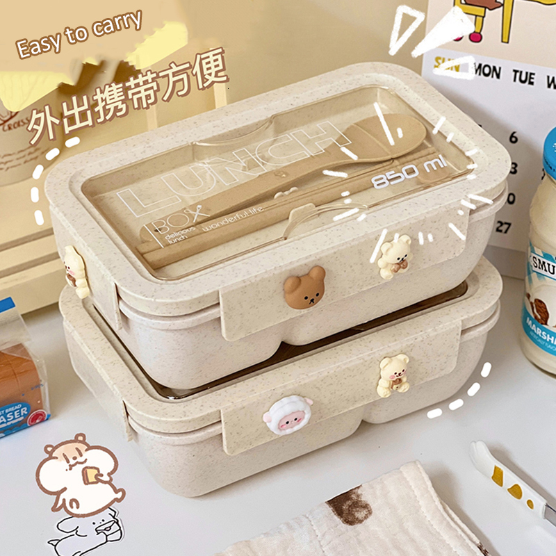 Lunch Boxes Kawaii Lunch Box For Kids School Adults Office Wheat Straw Cute Microwave Picnic Portable Big Bento Box With Spoon Chopsticks 221202