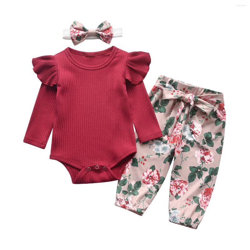 Clothing Sets Spring Autumn Born Outfit For Girls Infant Baby Long Sleeve Romper Bodysuit Top Floral Pants Hairband 3PCS Clothes Set, Army green