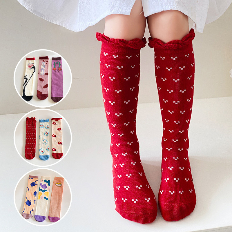 Leggings Tights 3 Pairs Lot Cute Cartoon Cotton Long Socks For Girls Autumn Knee Children Kawaii Ruffle Baby Stockings 3 12 Yrs 221203