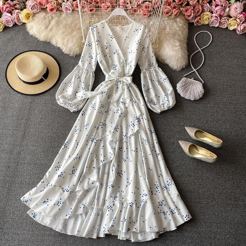 Casual Dresses Spring Autumn V Neck A Line Lantern Sleeve Dress Floral Print High Waist Mid Calf Women Party, White 
Casual Dresses Spring Autumn V Neck A Line Lantern Sleeve Dress Floral Print High Waist Mid Calf Women Party, White