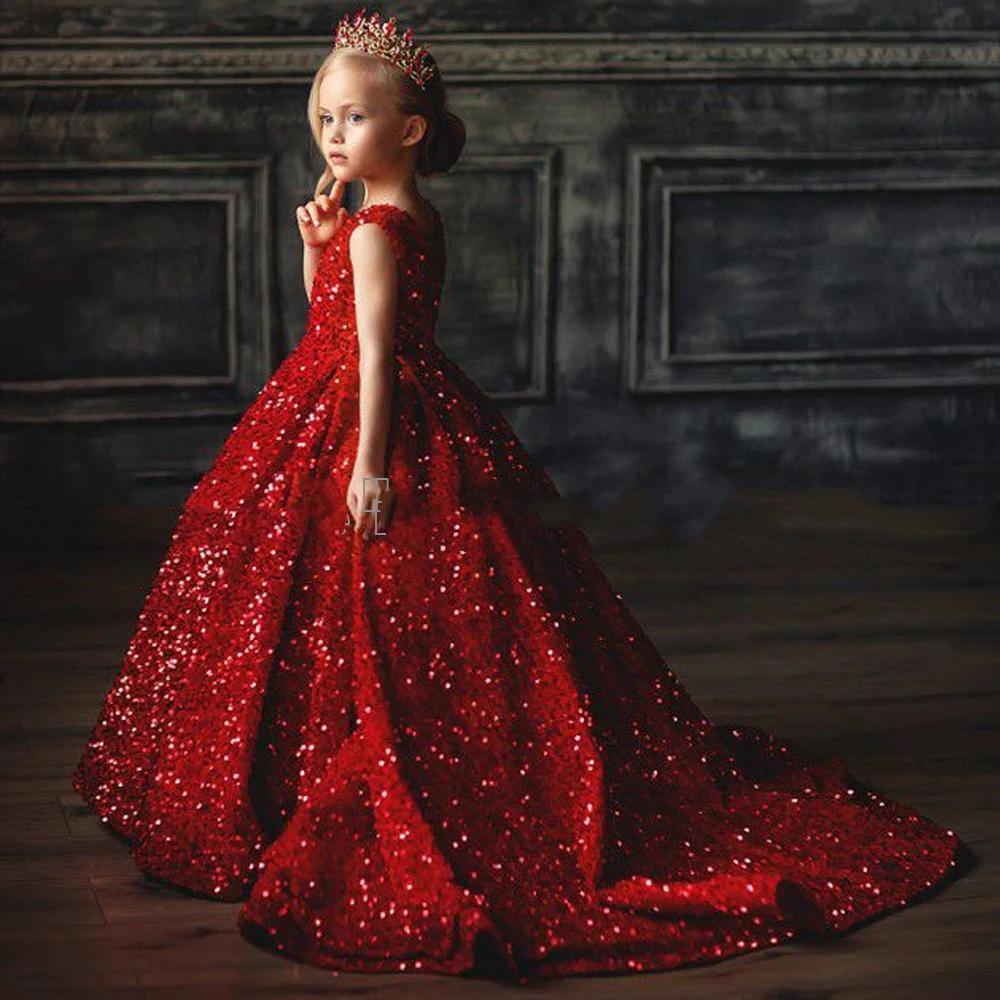 Sparkly Red Sequined Little Girls Pageant Dresses A Line Jewel Neck Long Toddler Formal Wear Bithday Party Graduation Dress 2023