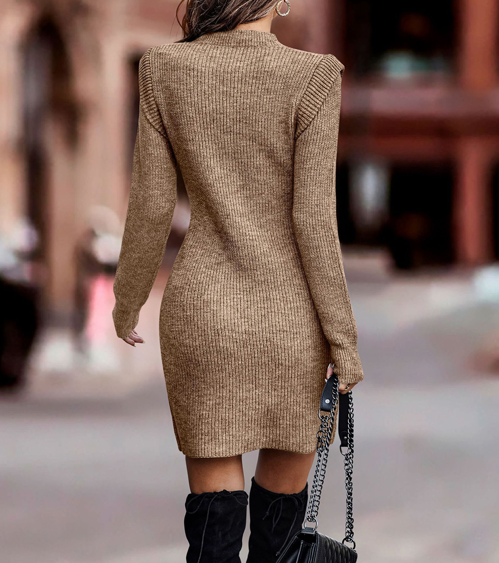 Autumn Winter Women Casual Dresses Slim Sweaters Long Sleeve Pullover Knit Sweater Dresses Crew Neck Ribbed Knee Length Dress