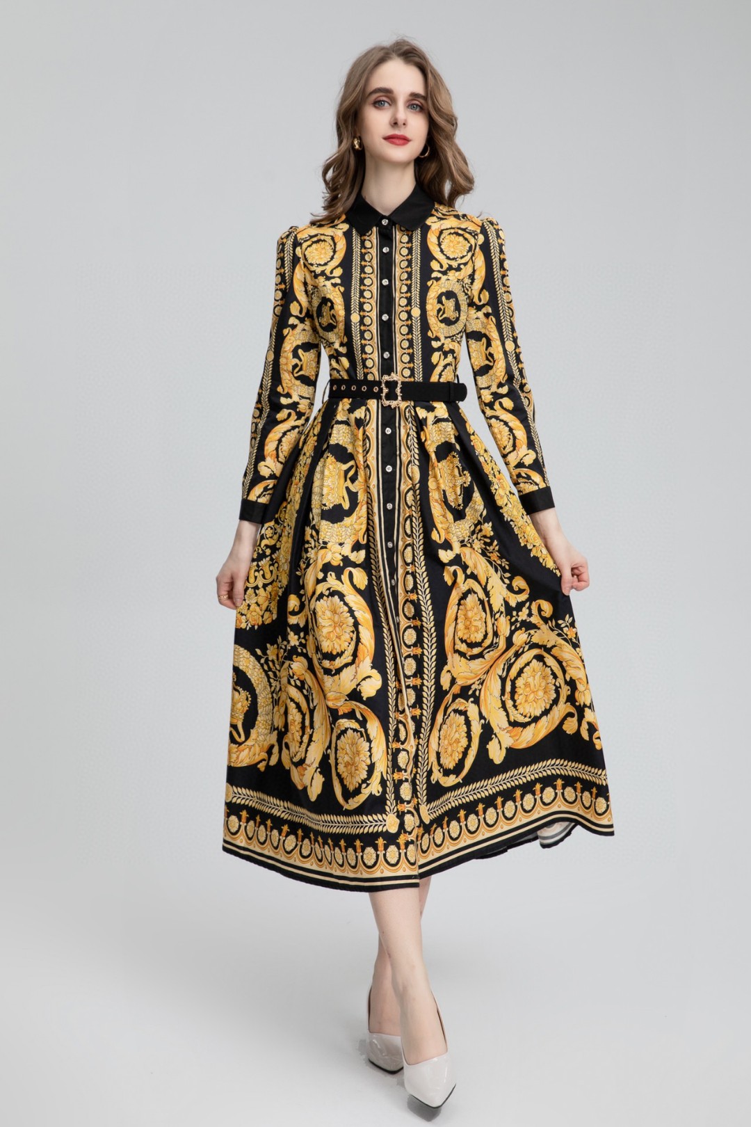 Long lining dress 23 autumn winter new vintage baroque cotton print slim fitting dress, Yellow
Long lining dress 23 autumn winter new vintage baroque cotton print slim fitting dress, Yellow