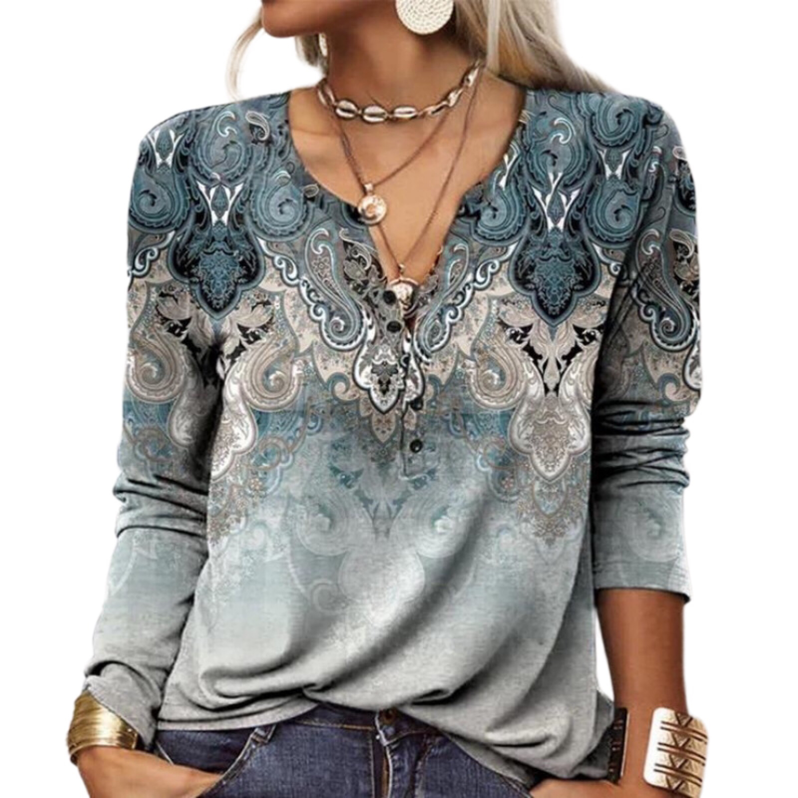 Women Casual Long Sleeve Shirts Sexy V Neck Tops Button Up Print Floral National Fashion Blouses, Blue
Women Casual Long Sleeve Shirts Sexy V Neck Tops Button Up Print Floral National Fashion Blouses, Blue