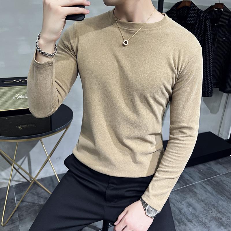 Men's T Shirts Autumn Winter Thickened Round Neck Long Sleeved T-Shirt 2022 Korean Tops Fashion Men's Slim Double Faced Velvet Bottomed, Brown