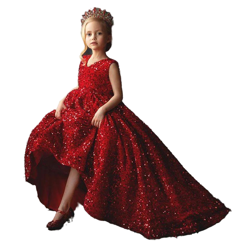 Sparkly Red Sequined Little Girls Pageant Dresses A Line Jewel Neck Long Toddler Formal Wear Bithday Party Graduation Dress 2023