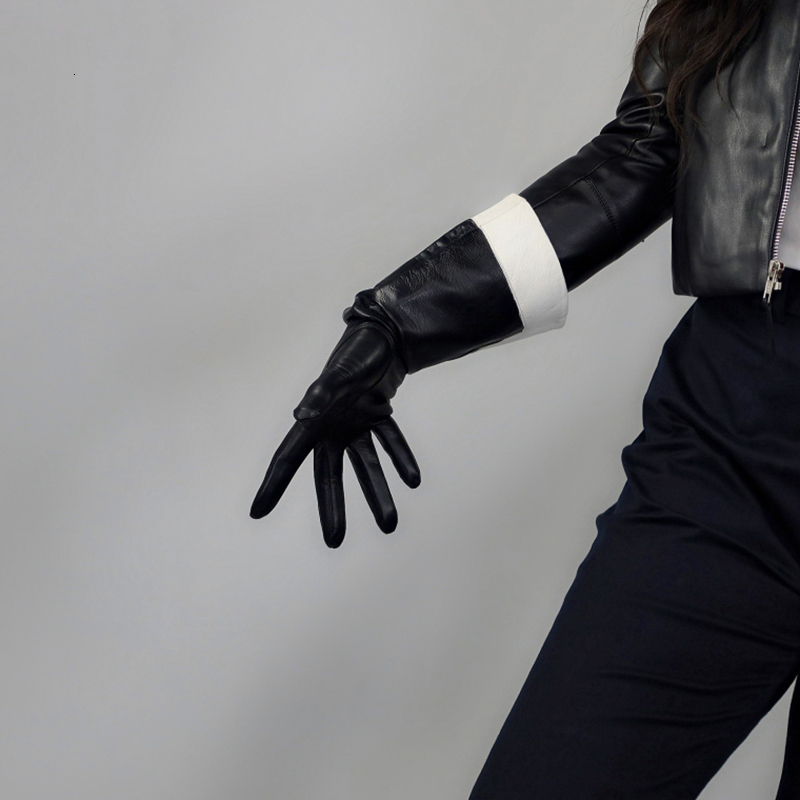 Fingerless Gloves Real Leather Gloves Female Touchscreen 38cm Big Sleeve Wide Cuffs Black White Two Tones Unisex Sheepskin Gloves Women WZP65 221203