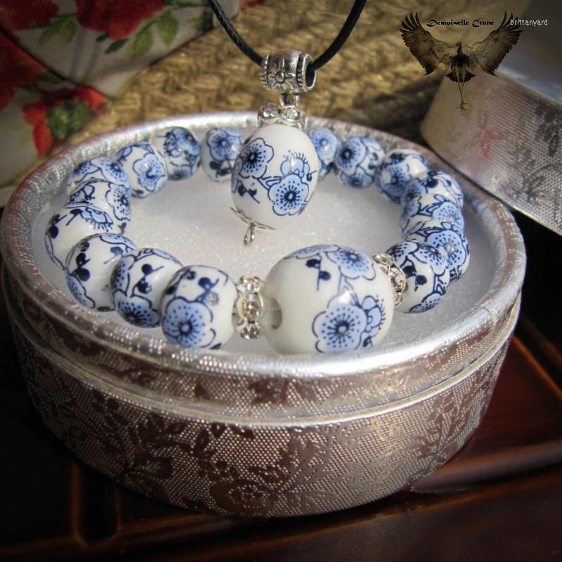 Necklace Earrings Set G.SKY Jingdezhen Blue White Porcelain Bracelet Two-piece, Picture shown