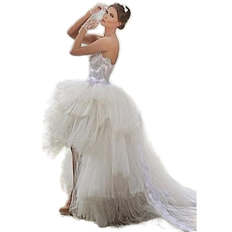 Strapless High Low Tulle Wedding Dress Tiered Tulle Puffy A Line Bridal Gowns Lace Appliqued Beaded Lace-Up Boho Beach Elopement Dresses Short Front L