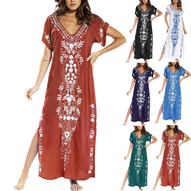 

Party Dresses Vintage Ethnic Floral Print Loose Dress Summer V Neck Short Sleeve Long Maxi Beachwear Vestidos YQH-QZ20220411, Random color