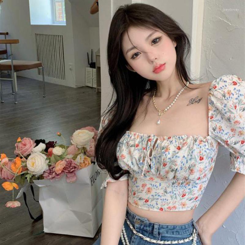 Women's Tanks Ruffle Floral Top Blouse Puff Sleeve Crop Women Lace Up Chiffon Shirt Off Shoulder Casual Ladies 2022 Korean Fashion, Pink 
Women's Tanks Ruffle Floral Top Blouse Puff Sleeve Crop Women Lace Up Chiffon Shirt Off Shoulder Casual Ladies 2022 Korean Fashion, Pink