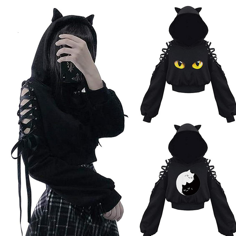 Women' Jacket Long Sleeve Hoodies Kawaii Cat Ears Hoodie Gothic Punk Harajuku Cold Shouler Bandage Black Sweatshirts 221201
Women' Jacket Long Sleeve Hoodies Kawaii Cat Ears Hoodie Gothic Punk Harajuku Cold Shouler Bandage Black Sweatshirts 221201
