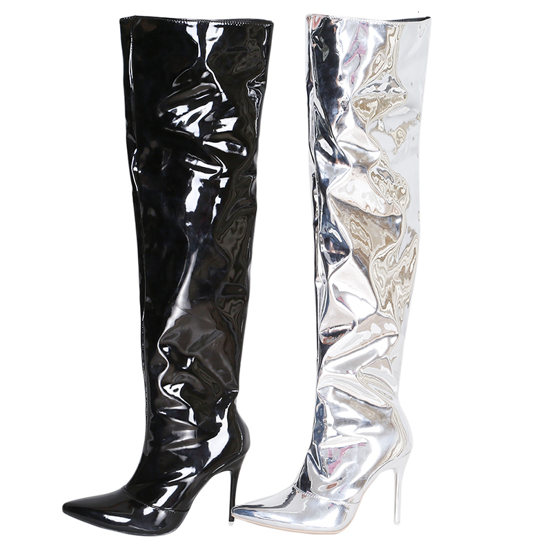 Boots Women Sexy Silver Mirror Thigh High T Show Pointy Toe Club Party Shoes Thin Heels Over The Knee Long For 221203