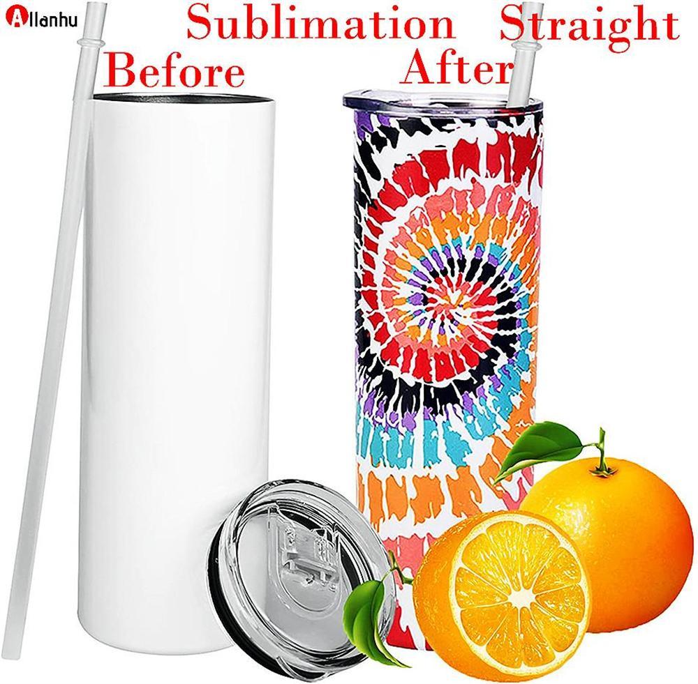 US Stock 20oz STRAIGHT Water Bottles Blank Sublimation Slim Cup Coffee Mugs with Lid and Plastic Straw Beer Tumblers 25pc/Carton