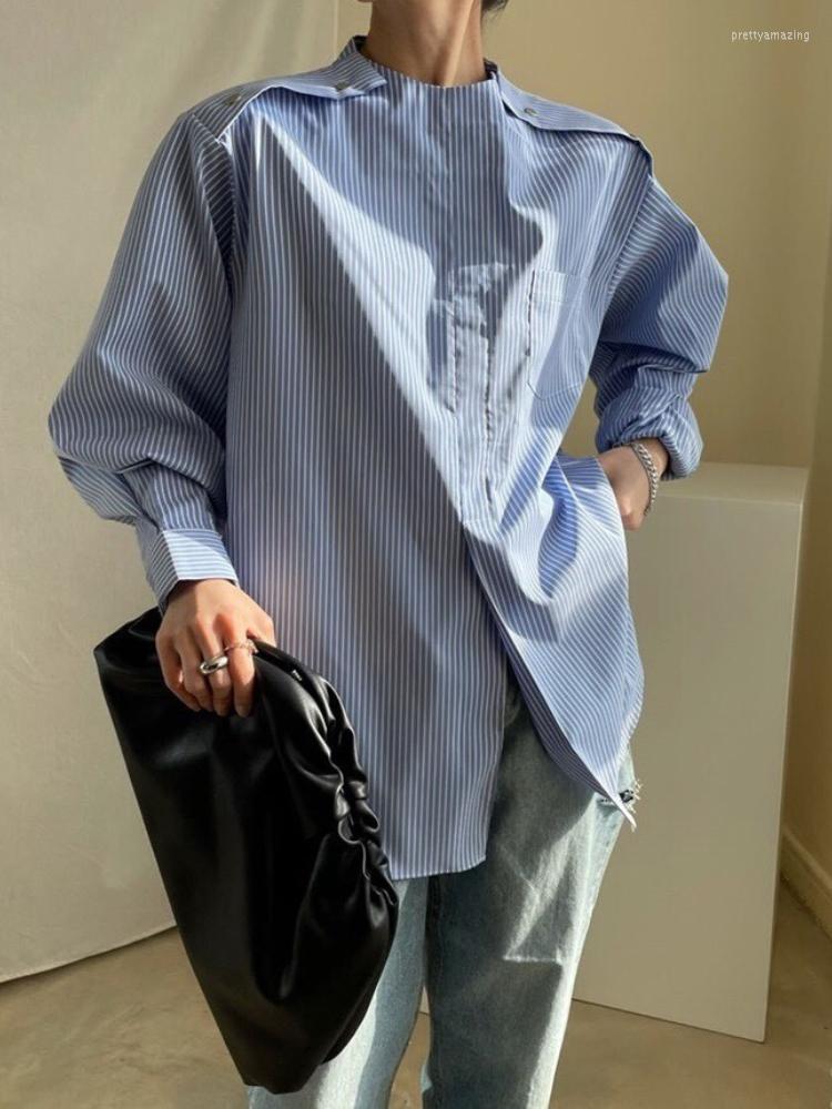 Women's Blouses Korean Chic Women Blouse Striped Shirts Spring Stand Collar Metal Button Decoration Stitching Loose Pocket Lantern Sleeve, Blue
Women's Blouses Korean Chic Women Blouse Striped Shirts Spring Stand Collar Metal Button Decoration Stitching Loose Pocket Lantern Sleeve, Blue