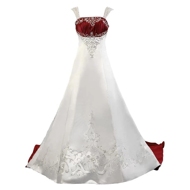 Designer White And Red Wedding Dress Silver Embroidered Satin Bridal Gowns Vintage A Line Straps Sleeveless Country Pastrol Vestido De Novia 2023