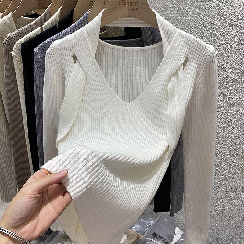 Women' Blouses Women' Knitted Fake 2 Pieces Blouse For Autumn Solid Full Sleeve Bottoming Shirt Female Slim Chic V-neck Halter, White
Women' Blouses Women' Knitted Fake 2 Pieces Blouse For Autumn Solid Full Sleeve Bottoming Shirt Female Slim Chic V-neck Halter, White