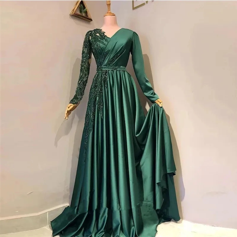 Modern Hunter Green Muslim Beading Prom Dresses Sexy V Neck Pleat Long Sleeve Made To Order Robes De Soiree Formal Evening Gown