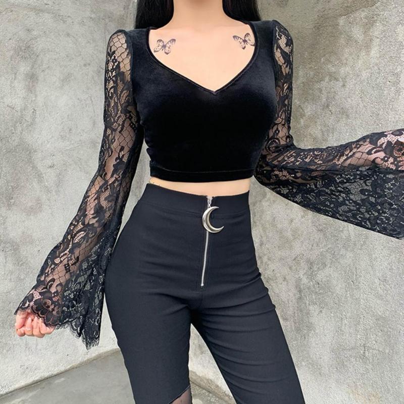 Women's Blouses Sexy Fit V Neck Women Crop Top Thick Long Sleeve Basic Slim Hollow Lace Pullover Women's Clothing For Autumn, Black
Women's Blouses Sexy Fit V Neck Women Crop Top Thick Long Sleeve Basic Slim Hollow Lace Pullover Women's Clothing For Autumn, Black