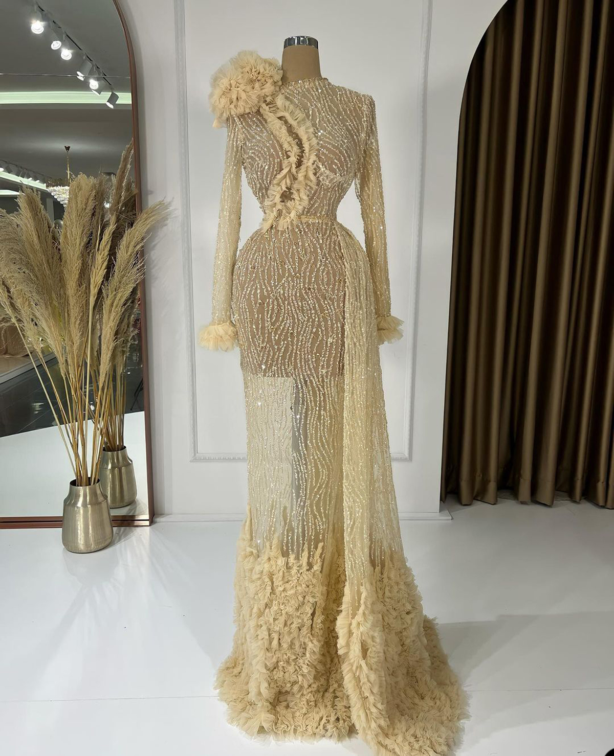 Arabic Prom Dresses Illusion Lace Ruffles Party Dresses Sequins Champagne See Through Custom Made Evening Dress