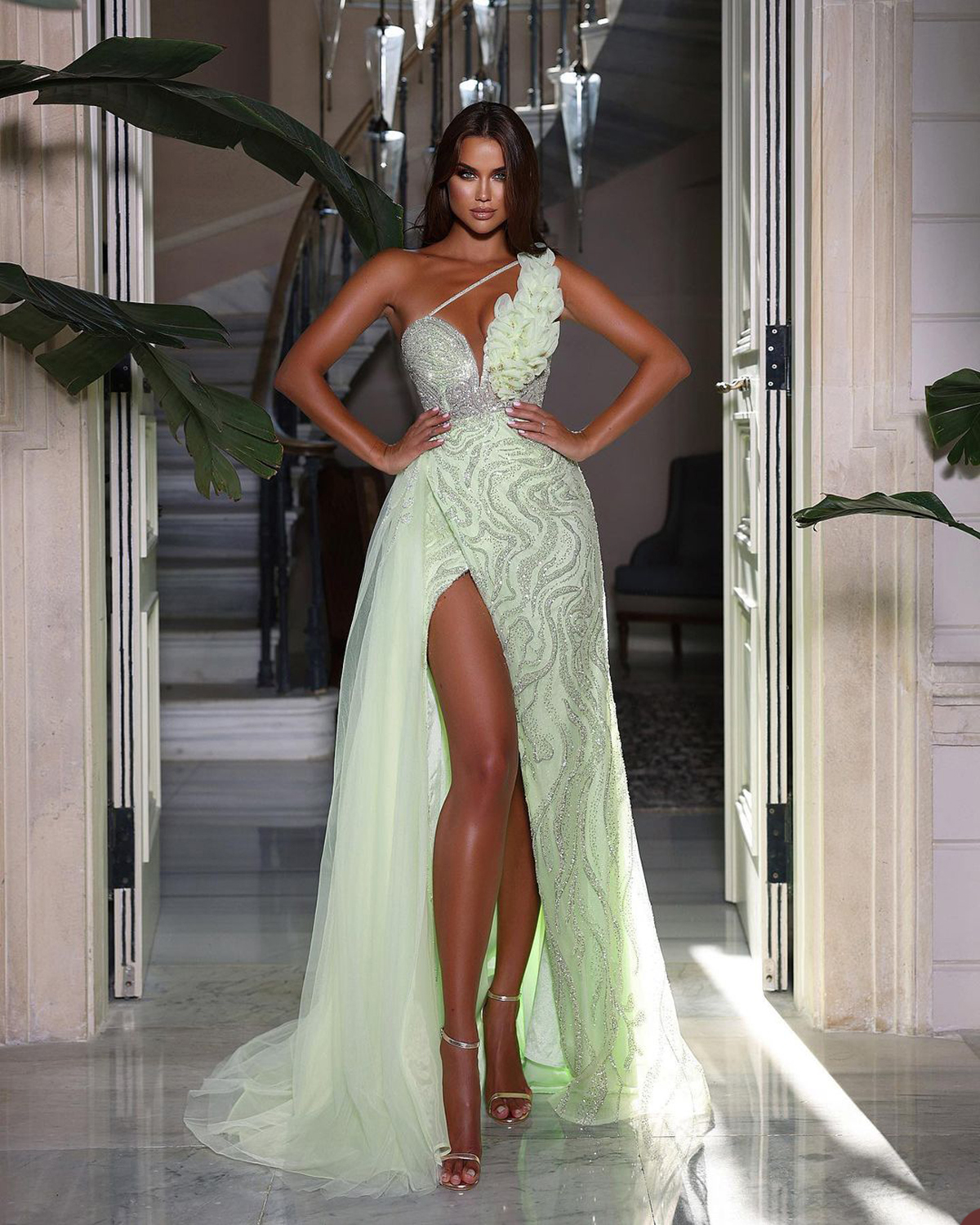 Modest Lace Prom Dresses One Shoulder Sequined Party Dresses Ruffles Split Custom Made Evening Dress