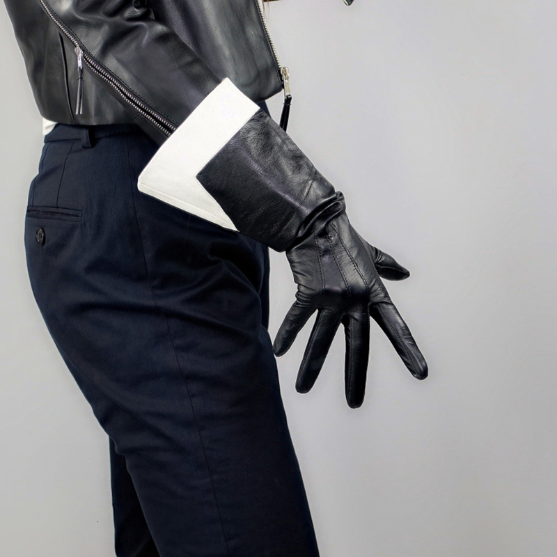 Fingerless Gloves Real Leather Gloves Female Touchscreen 38cm Big Sleeve Wide Cuffs Black White Two Tones Unisex Sheepskin Gloves Women WZP65 221203