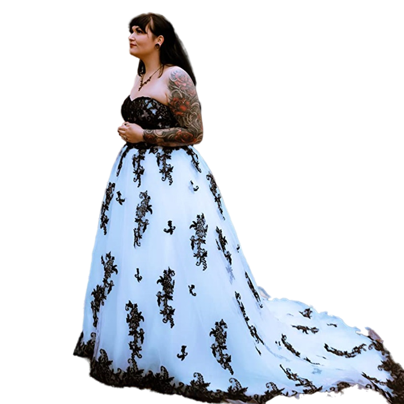 Chaple Train Country Wedding Dress Black And White A Line Gothic Bridal Gowns Lace Applique Sleeveless Sweetheart Long Tulle Bride Forset Dresses 2023