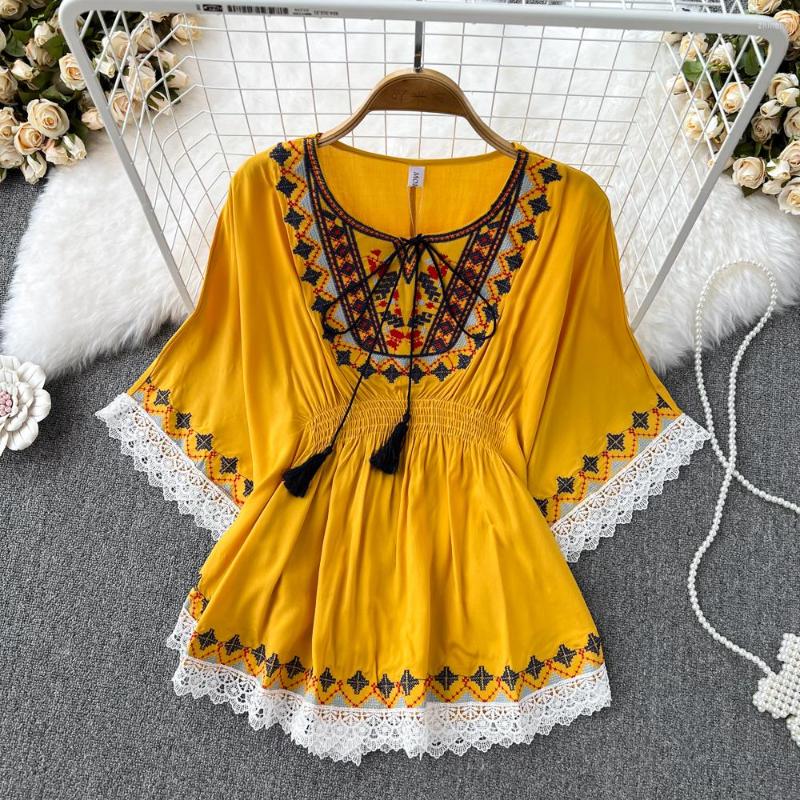 Women's Blouses Retro Folk Ethos Round Neck Embroidered Bat Sleeve Slim Waist Shirt Women Beach Holiday Loose Jacket Summer, Green
Women's Blouses Retro Folk Ethos Round Neck Embroidered Bat Sleeve Slim Waist Shirt Women Beach Holiday Loose Jacket Summer, Green