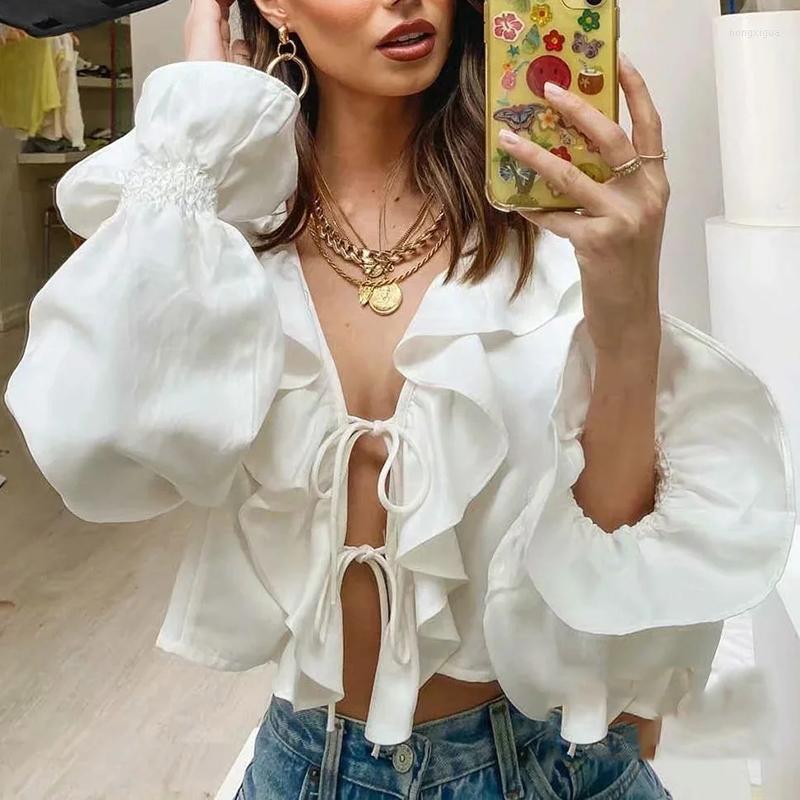 Women' T Shirts Temperament Hedging Ruffled V-neck Lace-up White Trumpet Sleeve Long-sleeved Top Summer Spring Beach Crop
Women' T Shirts Temperament Hedging Ruffled V-neck Lace-up White Trumpet Sleeve Long-sleeved Top Summer Spring Beach Crop
