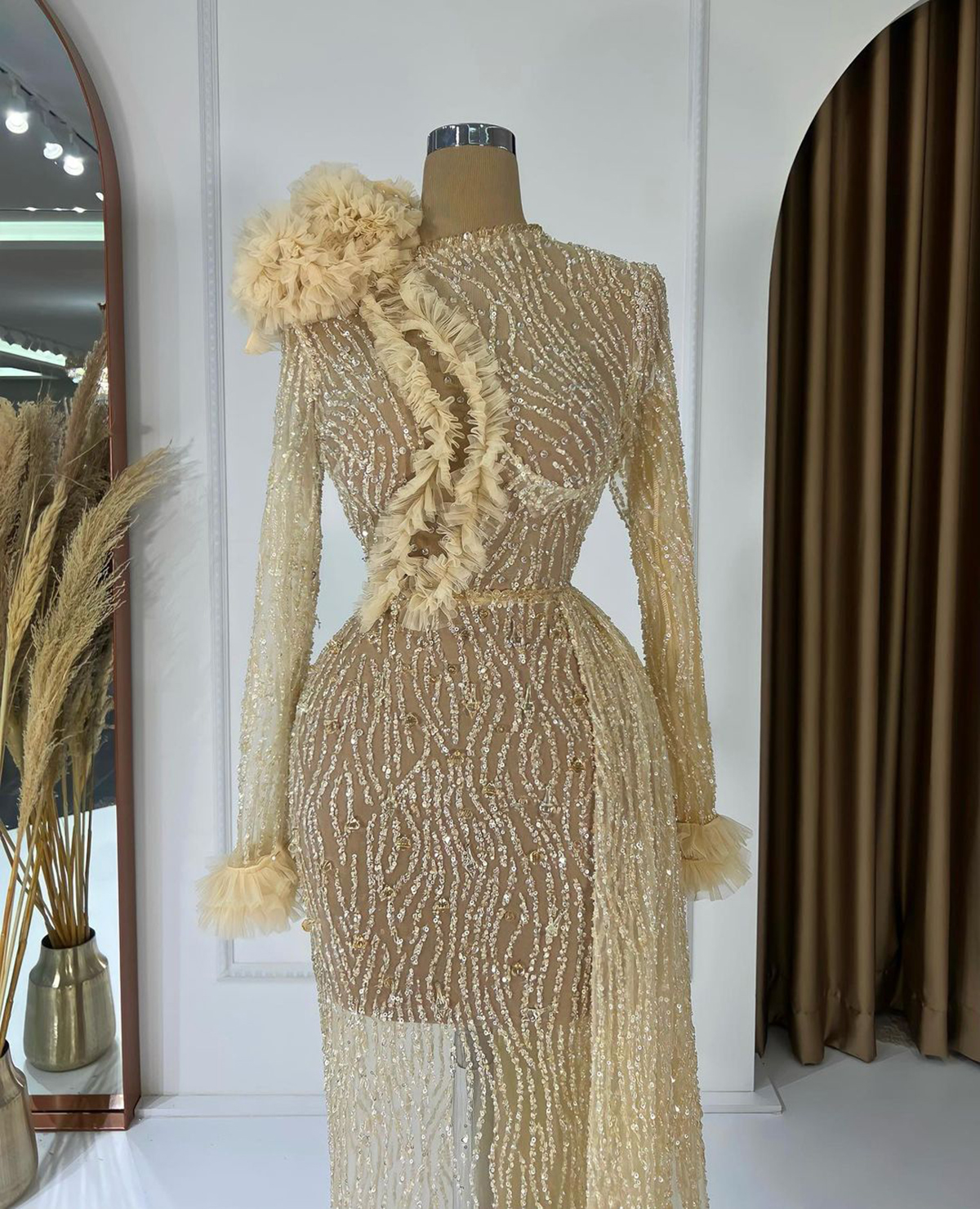 Arabic Prom Dresses Illusion Lace Ruffles Party Dresses Sequins Champagne See Through Custom Made Evening Dress