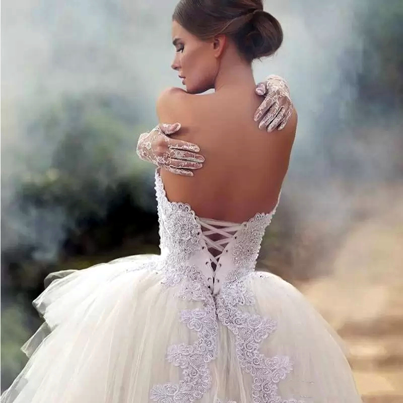 Strapless High Low Tulle Wedding Dress Tiered Tulle Puffy A Line Bridal Gowns Lace Appliqued Beaded Lace-Up Boho Beach Elopement Dresses Short Front L