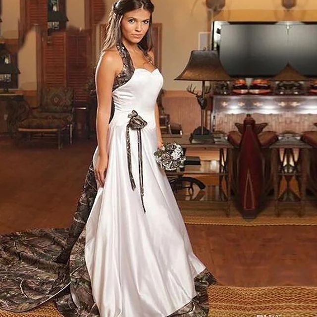 A-Line Camo Wedding Dress Long Train Halter Neck Backless Country Bridal Gowns Cowgirls Farm Forset Vestido De Novia 2023 Robe