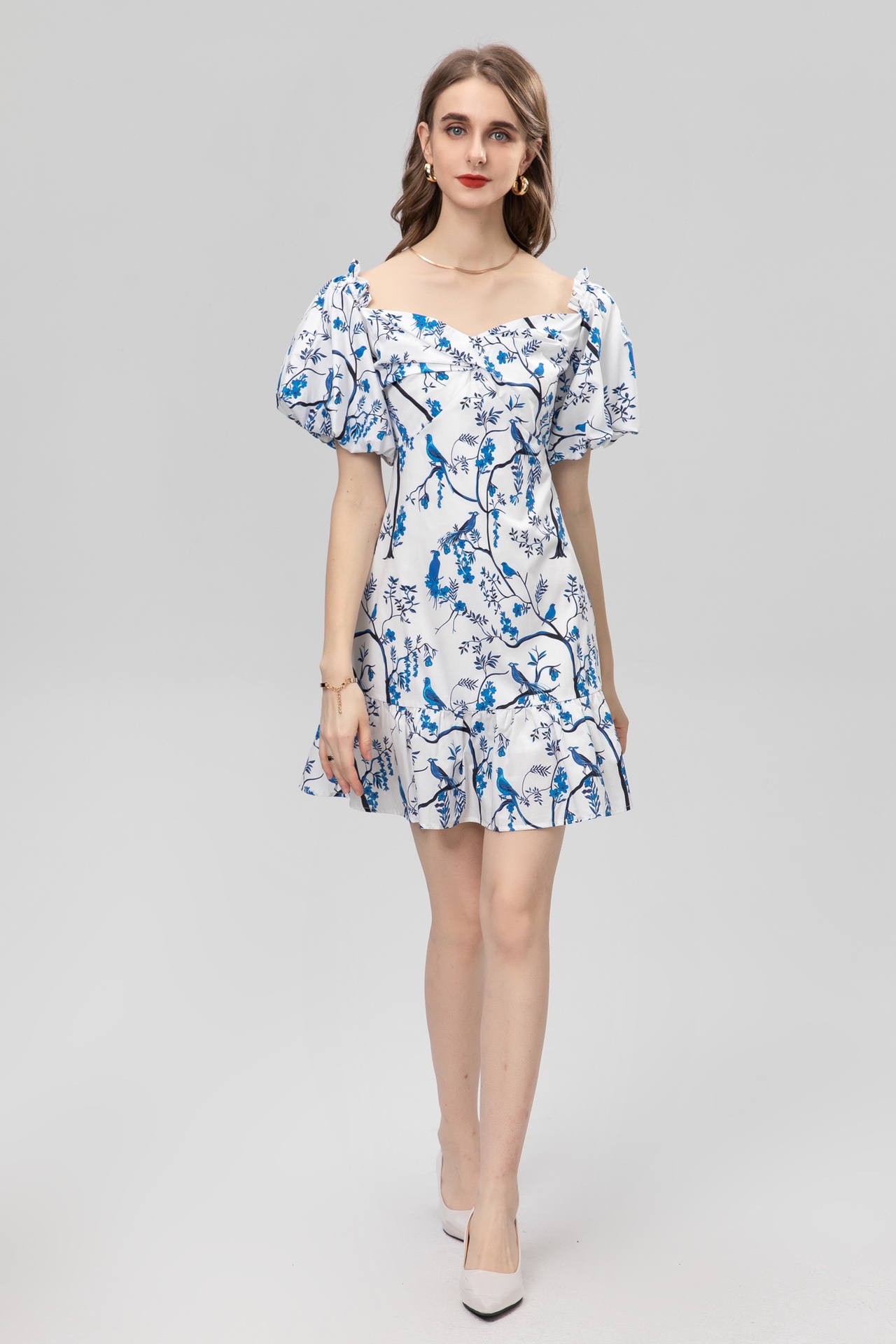 Temperament new style bubble sleeve design off shoulder waist cotton printed mid length skirt, Customize
Temperament new style bubble sleeve design off shoulder waist cotton printed mid length skirt, Customize