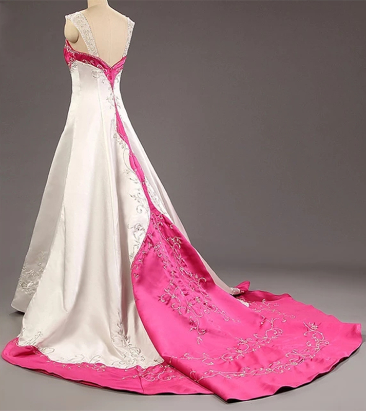 Designer White And Red Wedding Dress Silver Embroidered Satin Bridal Gowns Vintage A Line Straps Sleeveless Country Pastrol Vestido De Novia 2023