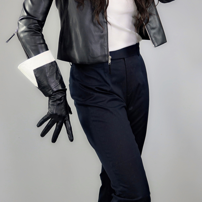 Fingerless Gloves Real Leather Gloves Female Touchscreen 38cm Big Sleeve Wide Cuffs Black White Two Tones Unisex Sheepskin Gloves Women WZP65 221203