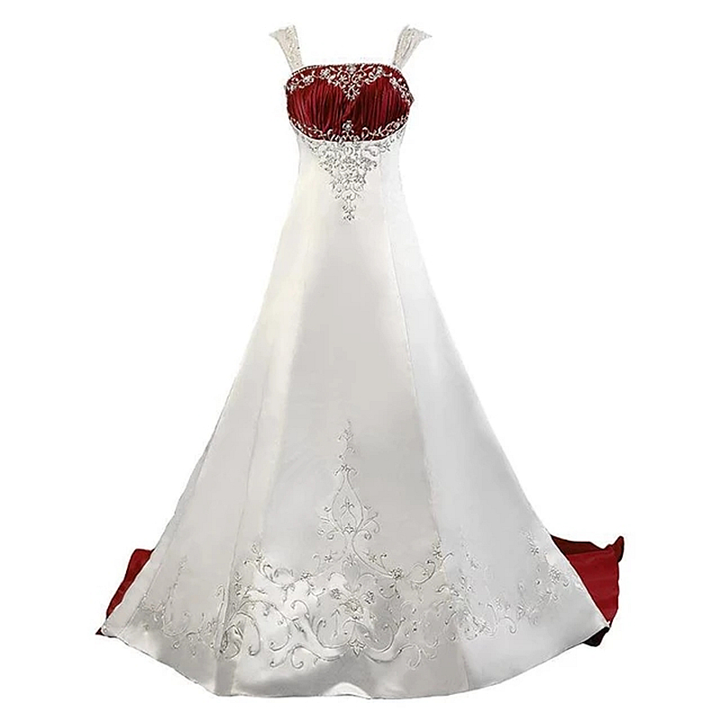 Designer White And Red Wedding Dress Silver Embroidered Satin Bridal Gowns Vintage A Line Straps Sleeveless Country Pastrol Vestido De Novia 2023
