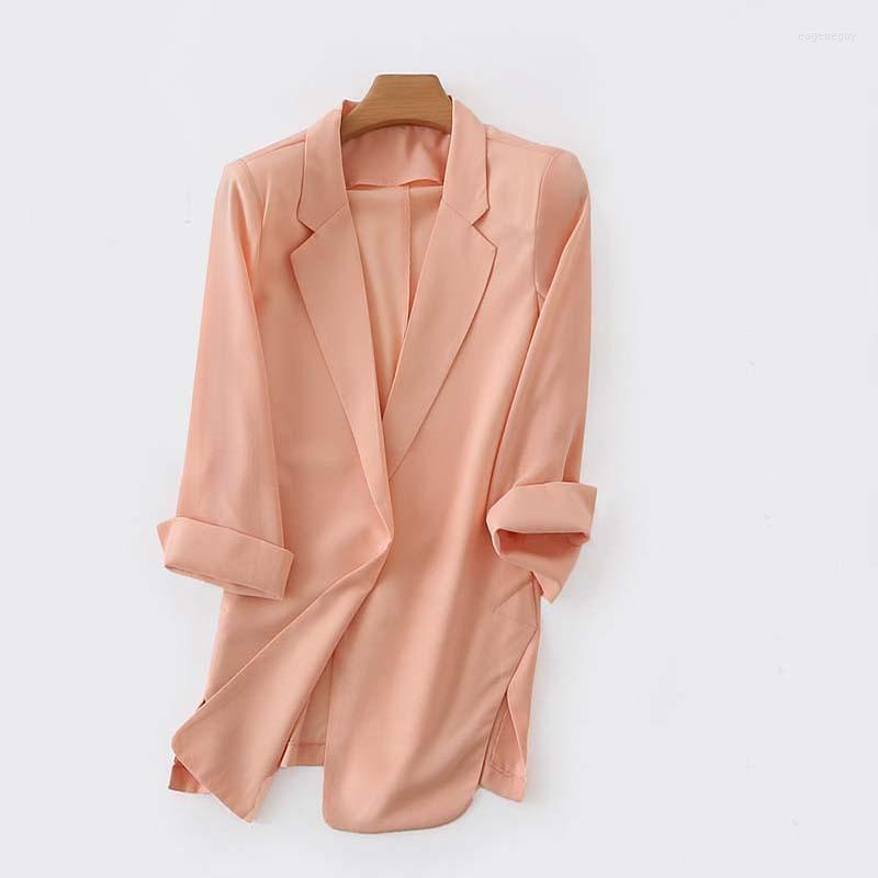 Women' Suits Formal Solid Chiffon Blazer Women Office Work Open Front Notched Summer Pink Thin Outerwears Casaco Female Tops Mw298, Black