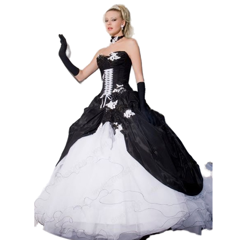Black And White Ball Gown Gothic Wedding Dresses Lace-Up Corset Vintage Bridal Gowns Sweetheart Sleeveless Piping Tiered Appliques Plus Size Vestido D