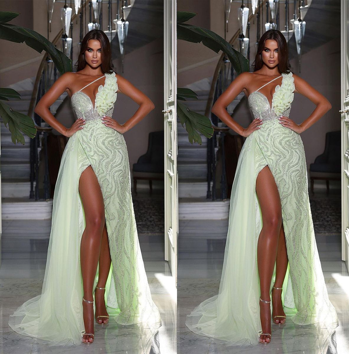 Modest Lace Prom Dresses One Shoulder Sequined Party Dresses Ruffles Split Custom Made Evening Dress