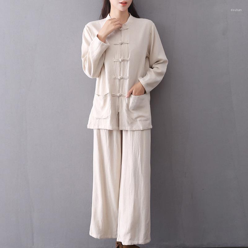 Ethnic Clothing 2022 Autumn Chinese Style Disc Button Long-Sleeved Shirt Cotton Linen Multicolor Retro Casual Ladies Suit