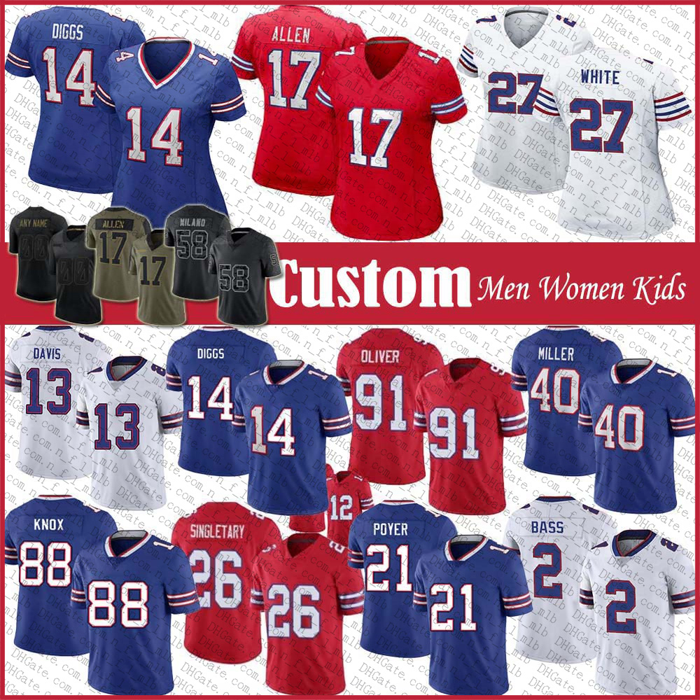 Josh Allen Stefon Diggs Knox Custom Football Jersey Matt Milano Gabriel Davis Devin Singletary Tyler Bass Isaiah McKenzie TreDavious White Cole Beasley Von Miller