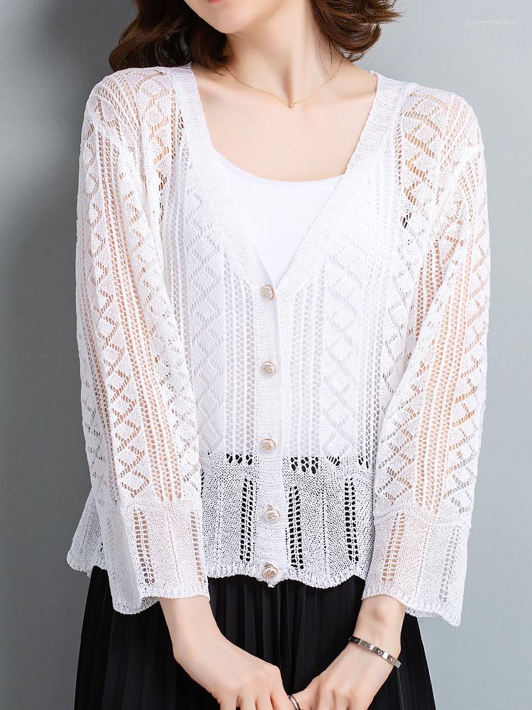Women's Knits Summer Cardigans Sweater Women Long Sleeve Hollow Knitted Sweaters V Neck Single-breasted Lace Cardigan, Style 5 
Women's Knits Summer Cardigans Sweater Women Long Sleeve Hollow Knitted Sweaters V Neck Single-breasted Lace Cardigan, Style 5