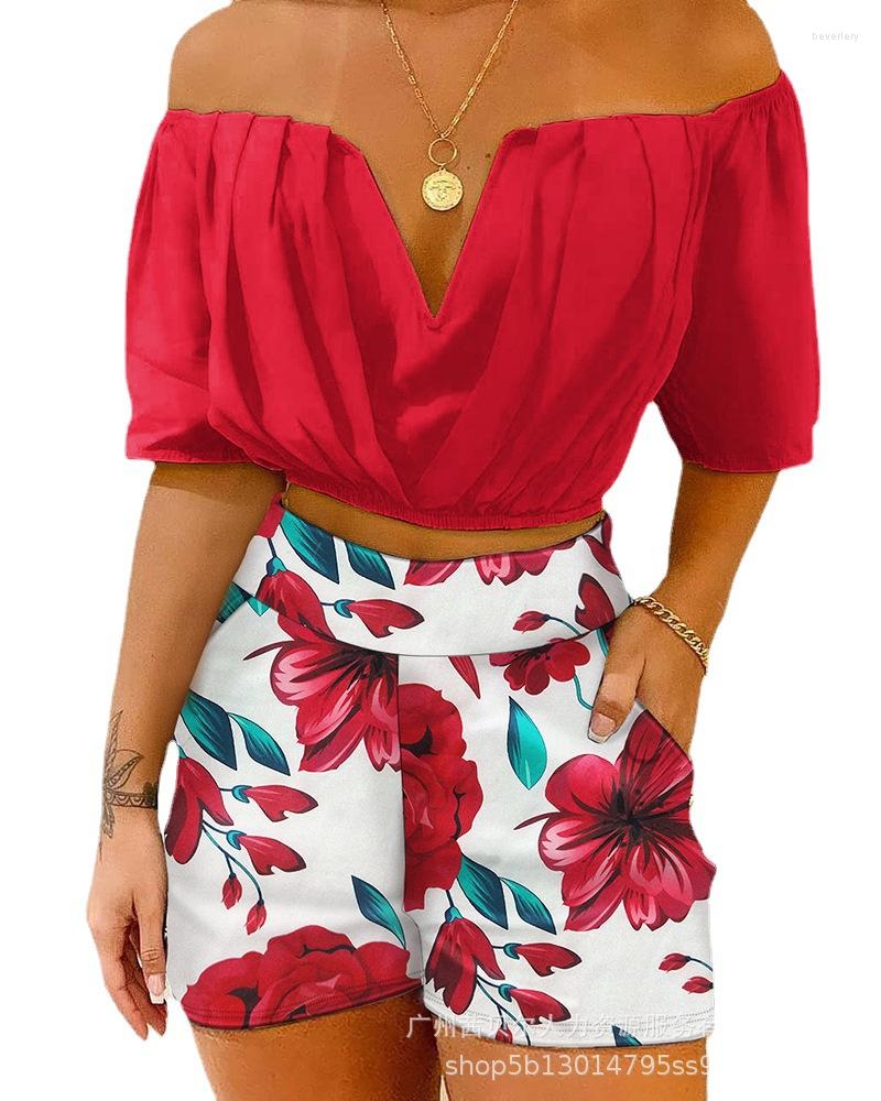 Women' Tracksuits Strapless Short-sleeved Two Piece Set For Women Suit Red One-word Collar Summer Printed Shorts Navel 2022 Top
Women' Tracksuits Strapless Short-sleeved Two Piece Set For Women Suit Red One-word Collar Summer Printed Shorts Navel 2022 Top