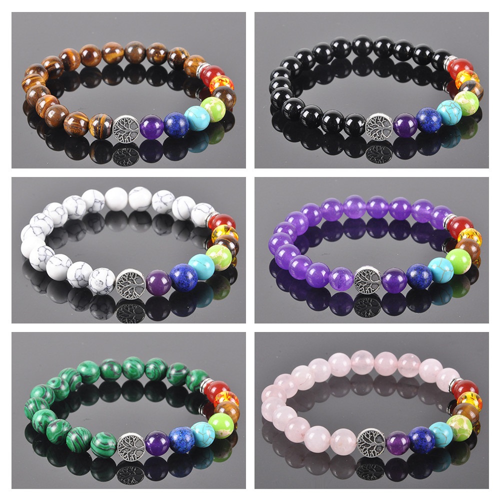 8mm Natural Stone Tiger Eye Rose Quartz Agate Chakra Beads Tree Of Life Bracelet Bangles Bracelets for Women Yoga Jewelry